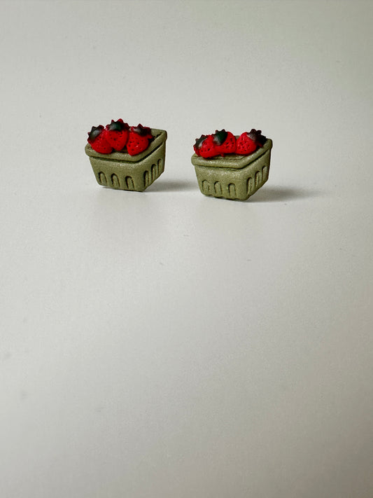 Strawberry Basket Studs – Polymer Clay Earrings