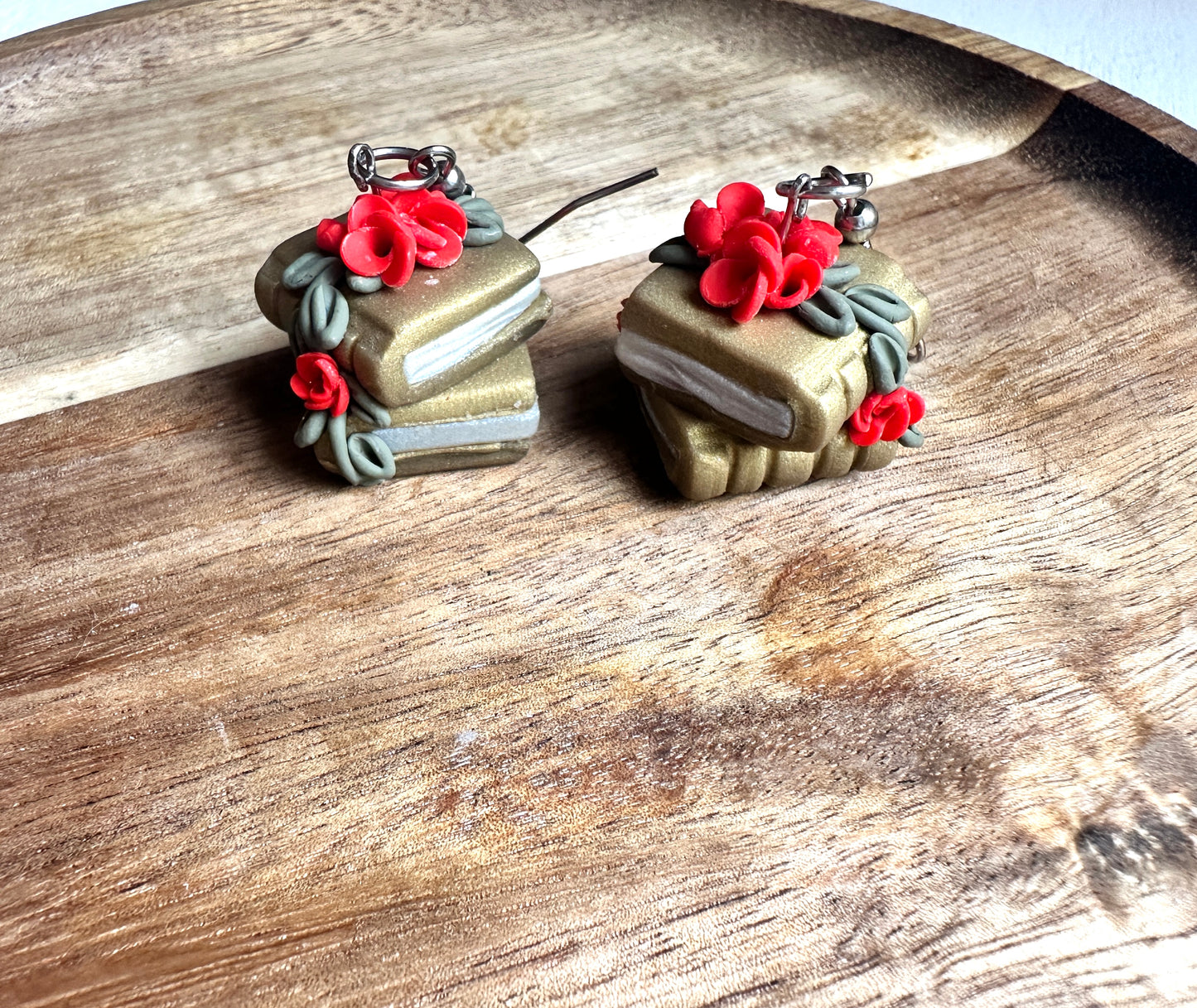 Golden Garden Books Stack Polymer Clay Dangle Earrings.