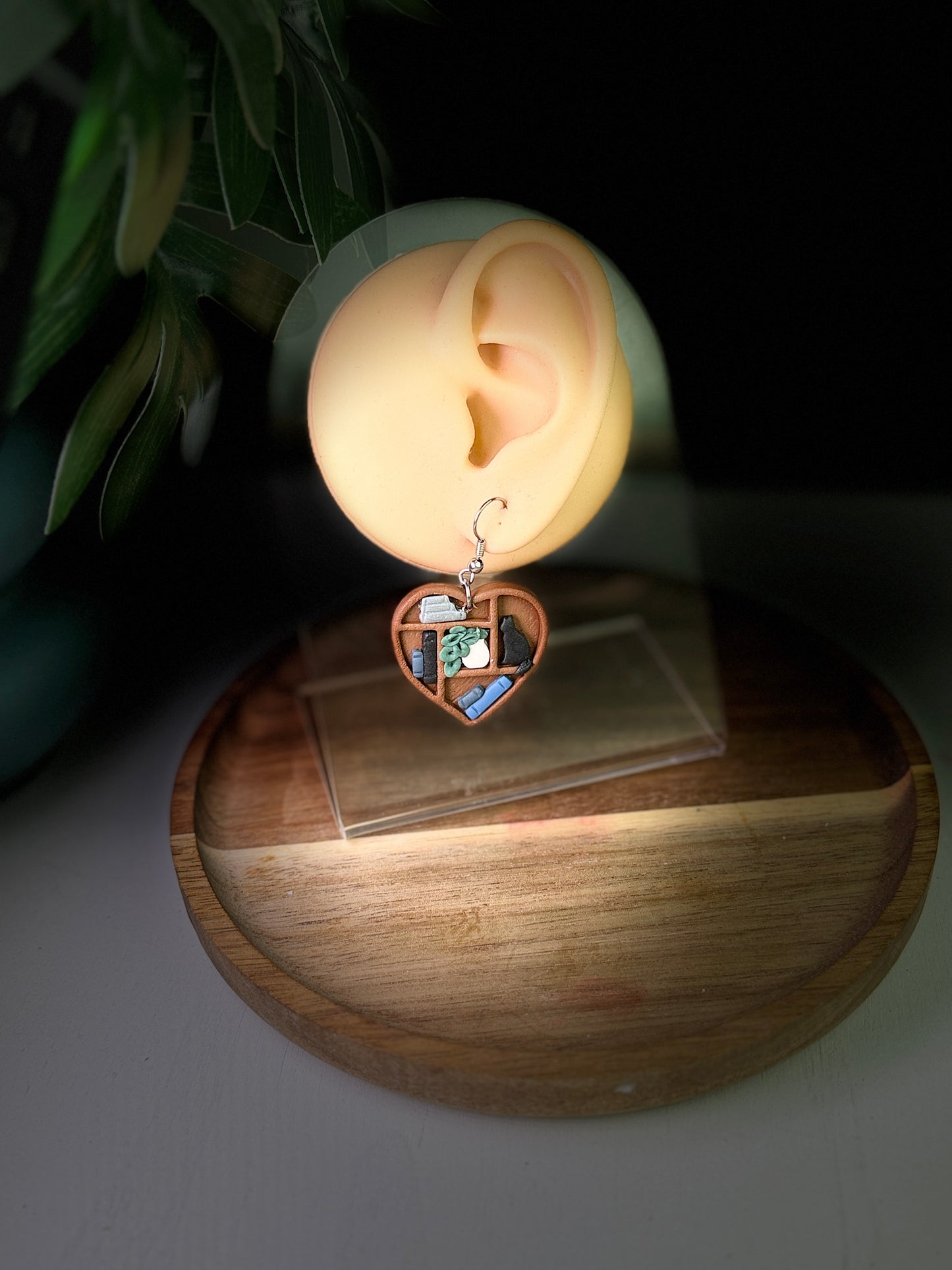 Cat Book Lover Heart Polymer Clay Dangle Earrings