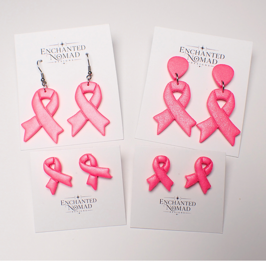 Breast Cancer Awareness Earrings, Pink Ribbon Polymer Clay Earrings, Studs or Dangles