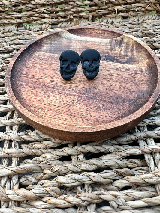 Enchanted Black Skull Stud Earrings – Handmade Polymer Clay Jewelry, Gothic Studs, Spooky Halloween Earrings, Goth Aesthetic Jewelry