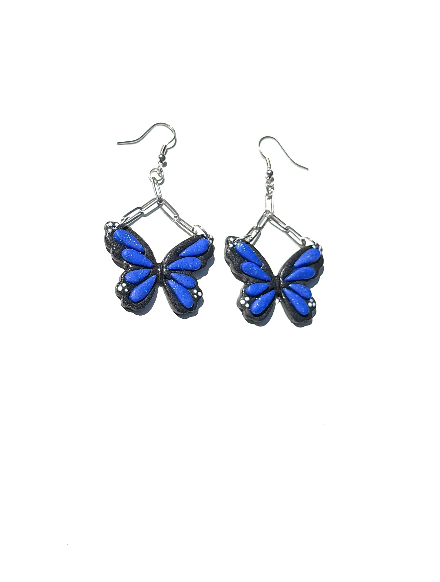 Blue Butterfly Earrings, Butterfly Dangle Earrings, Chain Link Earrings, Handmade Polymer Clay Jewelry, Aesthetic Statement Earrings