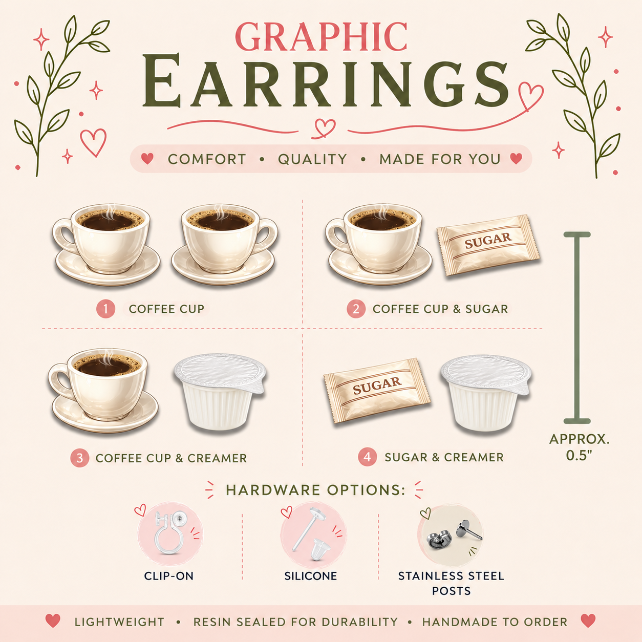 Coffee Lover Stud Earrings, Coffee Cup Graphic Studs, Resin Sealed Lightweight Jewelry
