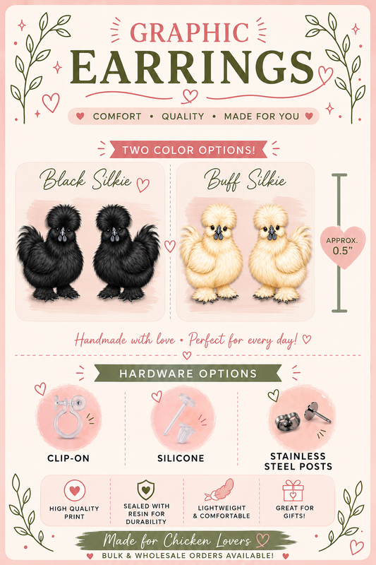 Silkie Chicken Graphic Earrings | Cute Fluffy Hen Stud Earrings | Farm Animal Earrings | Backyard Chicken Jewelry | Chicken Lover Gift