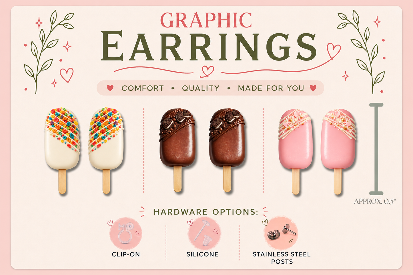 Cakesicle Collection Cake Pop Graphic Stud Earrings | Dessert Earrings | Bakery Lover Gift | Sweet Treat Jewelry | Stainless Steel, Silicone or Clip-On