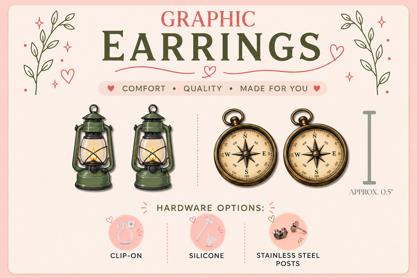 Camping Lantern & Compass Graphic Stud Earrings | Camping Earrings | RV Life Jewelry | Hiking Gift | Outdoor Adventure Earrings