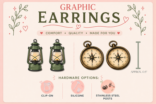 Camping Lantern & Compass Graphic Stud Earrings | Camping Earrings | RV Life Jewelry | Hiking Gift | Outdoor Adventure Earrings