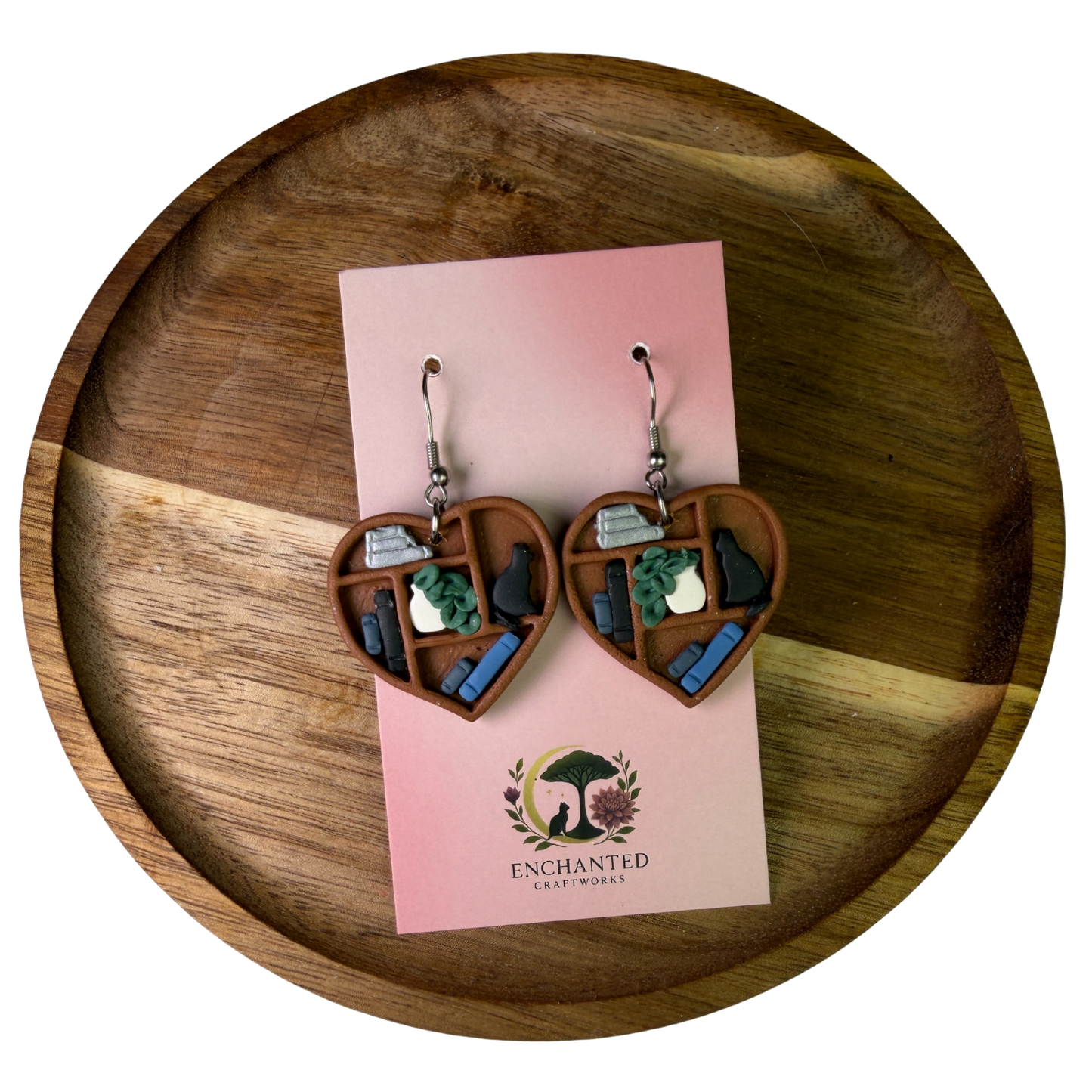 Cat Book Lover Heart Polymer Clay Dangle Earrings