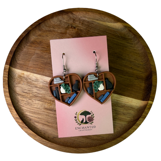 Cat Book Lover Heart Polymer Clay Dangle Earrings