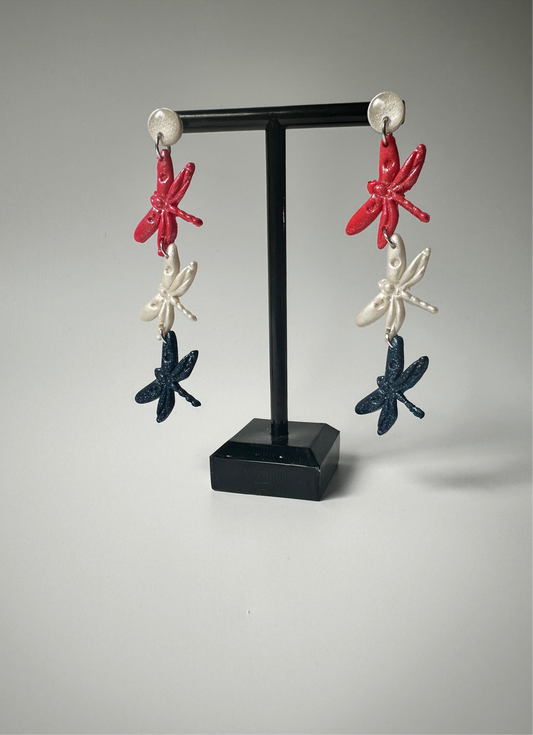 Red, White & Flutter – Dragonfly Dangle Polymer Clay Earrings 🇺🇸✨