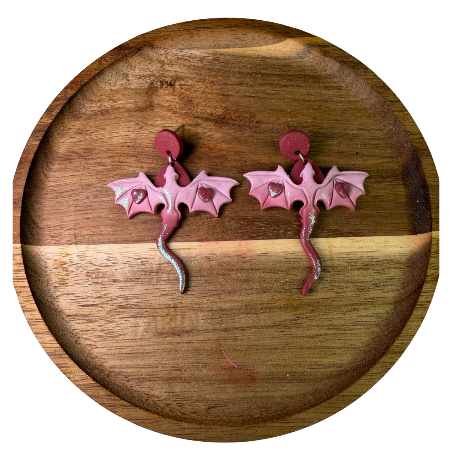 Blushing Dragon Heart Dangle Polymer Clay Earrings
