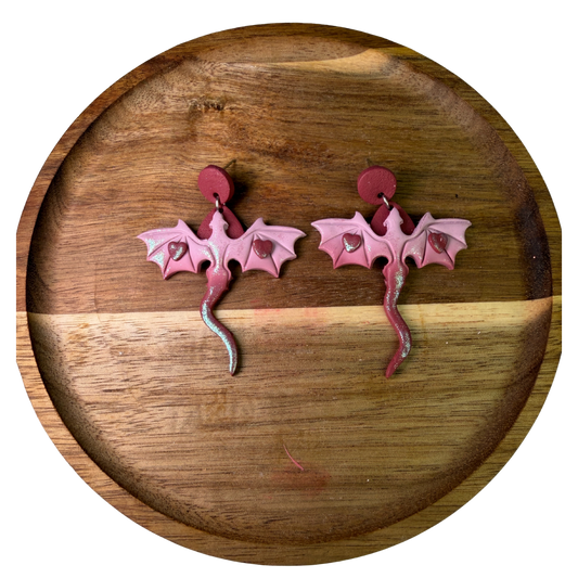 Blushing Dragon Heart Dangle Polymer Clay Earrings