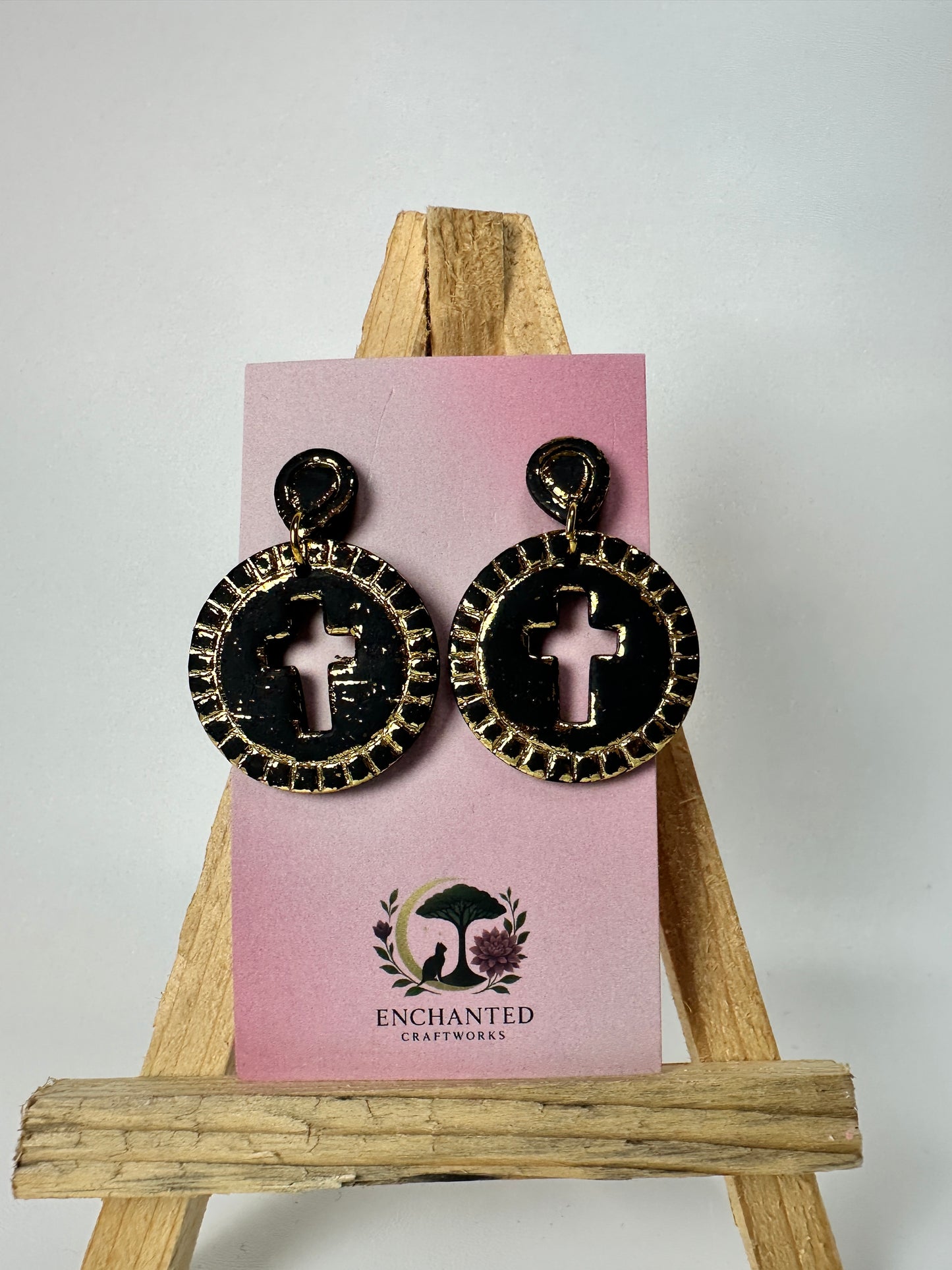 Enchanted Cross Cutout Circle Polymer Clay DanglesEarrings