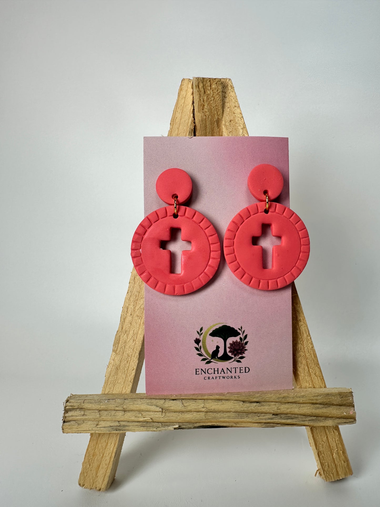 Enchanted Cross Cutout Circle Polymer Clay DanglesEarrings