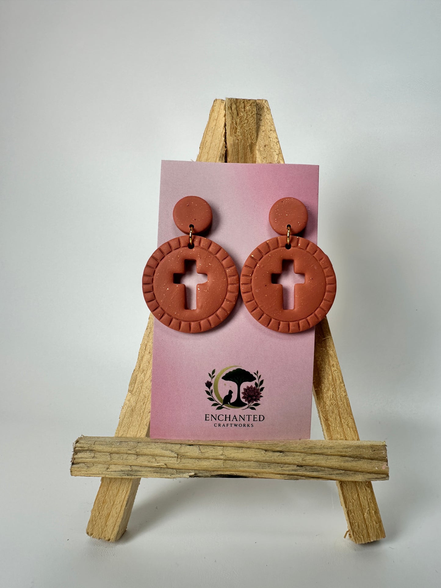 Enchanted Cross Cutout Circle Polymer Clay DanglesEarrings