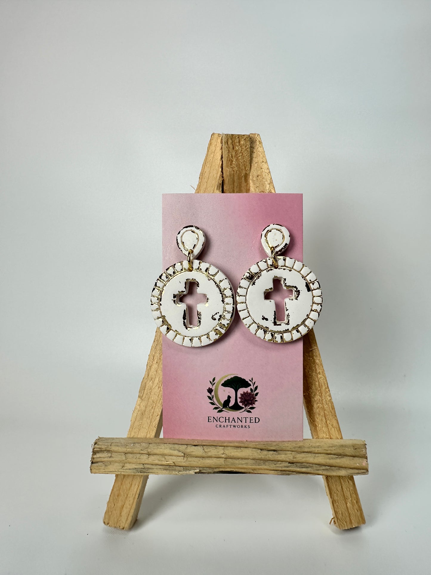 Enchanted Cross Cutout Circle Polymer Clay DanglesEarrings