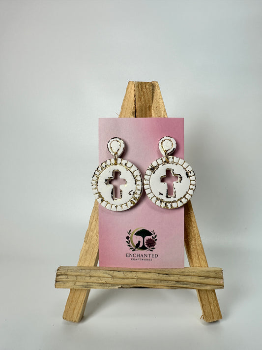 Enchanted Cross Cutout Circle Polymer Clay DanglesEarrings