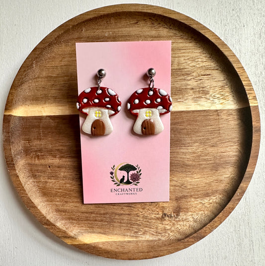 Mushroom Fairy House Polymer Clay Dangle Earrings