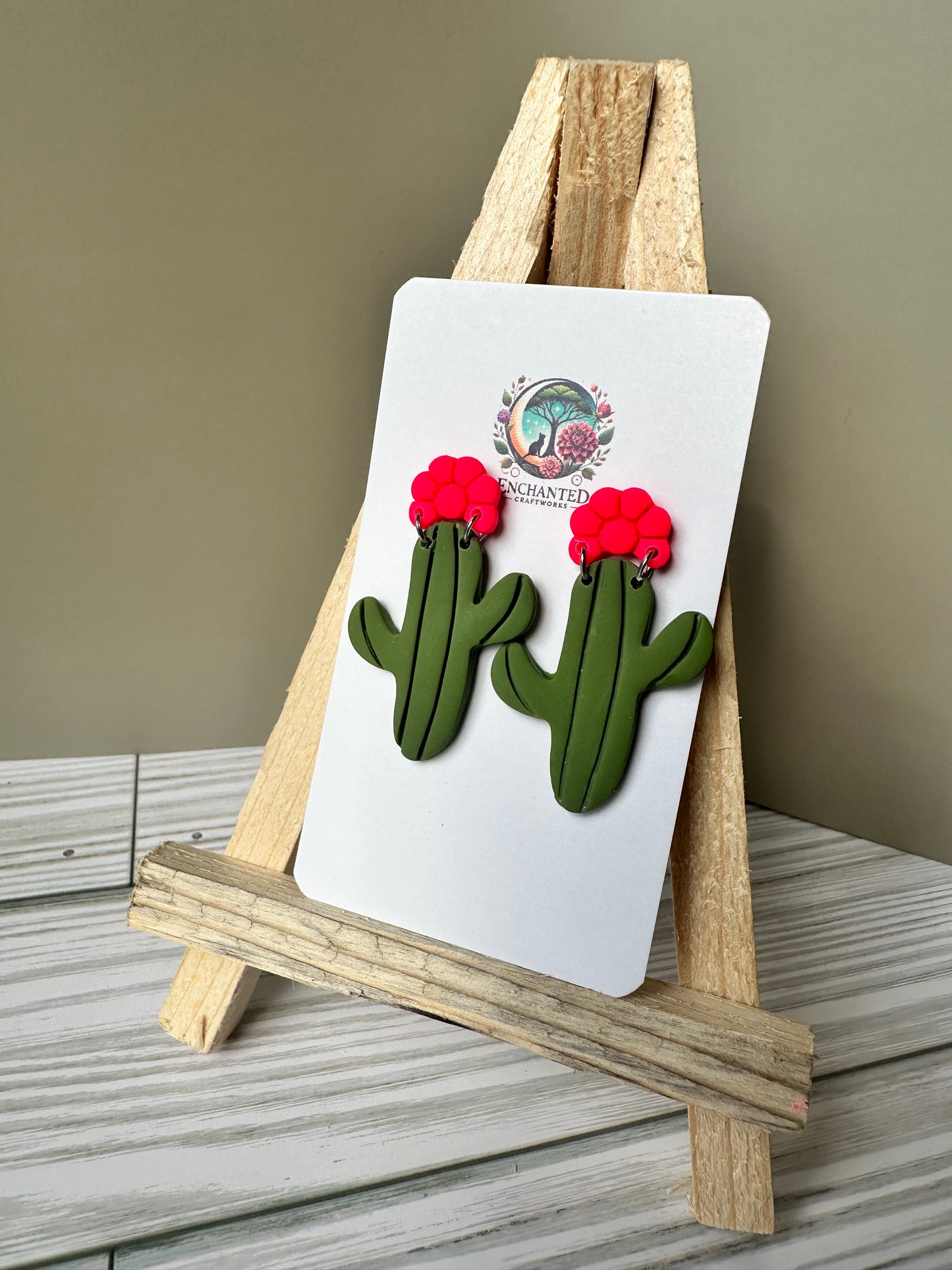 Blooming Cactus Dangle Earrings – Handmade Polymer Clay with Stainless Steel Posts