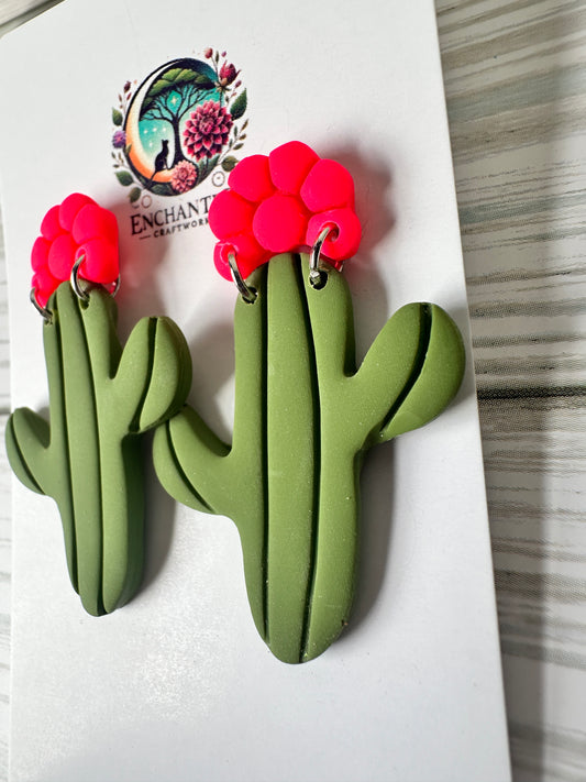 Blooming Cactus Dangle Earrings – Handmade Polymer Clay with Stainless Steel Posts