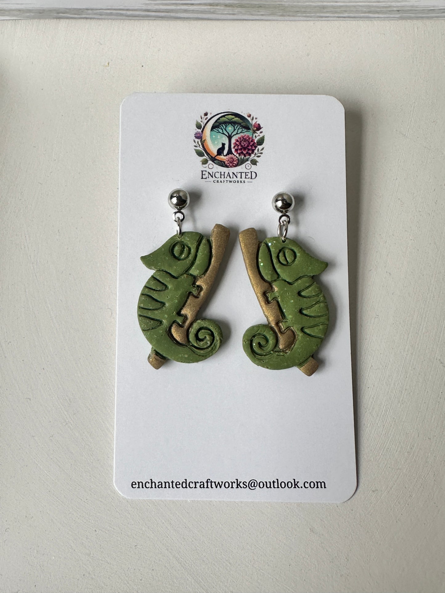 Chameleon Dangle Earrings – Handmade Polymer Clay with Stainless Steel Posts