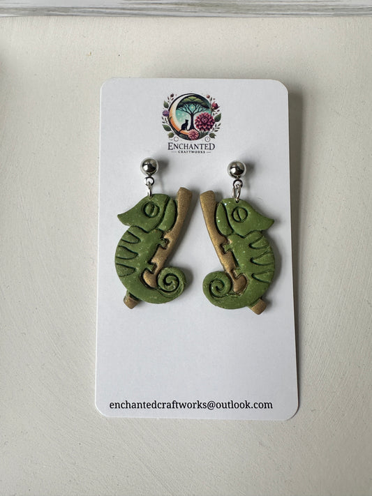Chameleon Dangle Earrings – Handmade Polymer Clay with Stainless Steel Posts