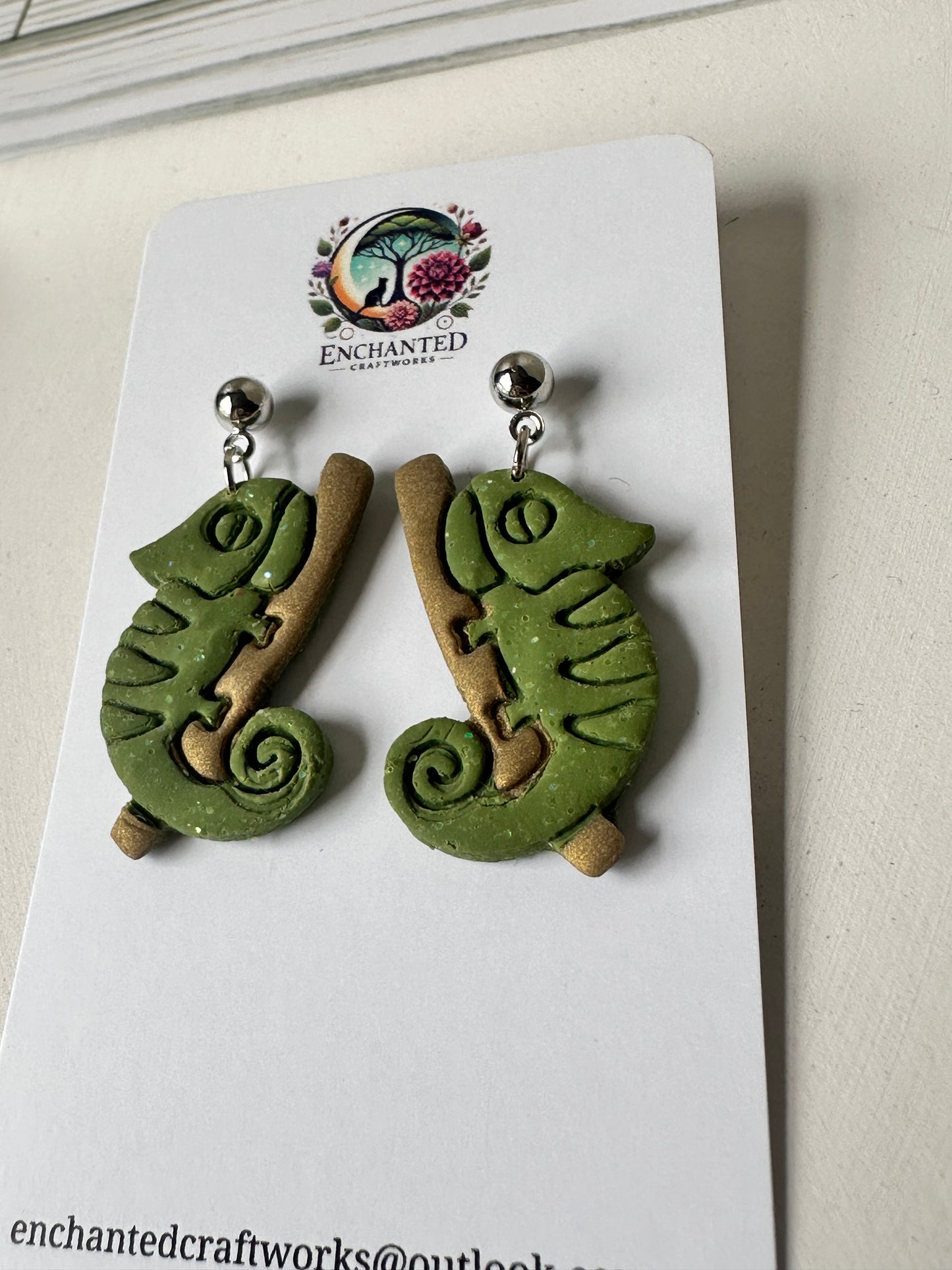 Chameleon Dangle Earrings – Handmade Polymer Clay with Stainless Steel Posts