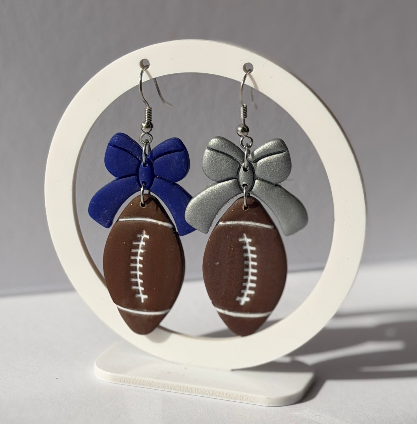 Football Bow Hoop Earrings, Team Colors, Polymer Clay Game Day Jewelry, Football Mom Gift