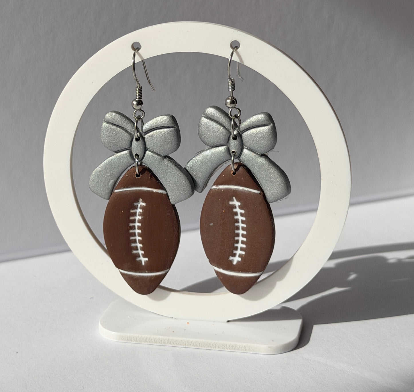 Football Bow Hoop Earrings, Team Colors, Polymer Clay Game Day Jewelry, Football Mom Gift
