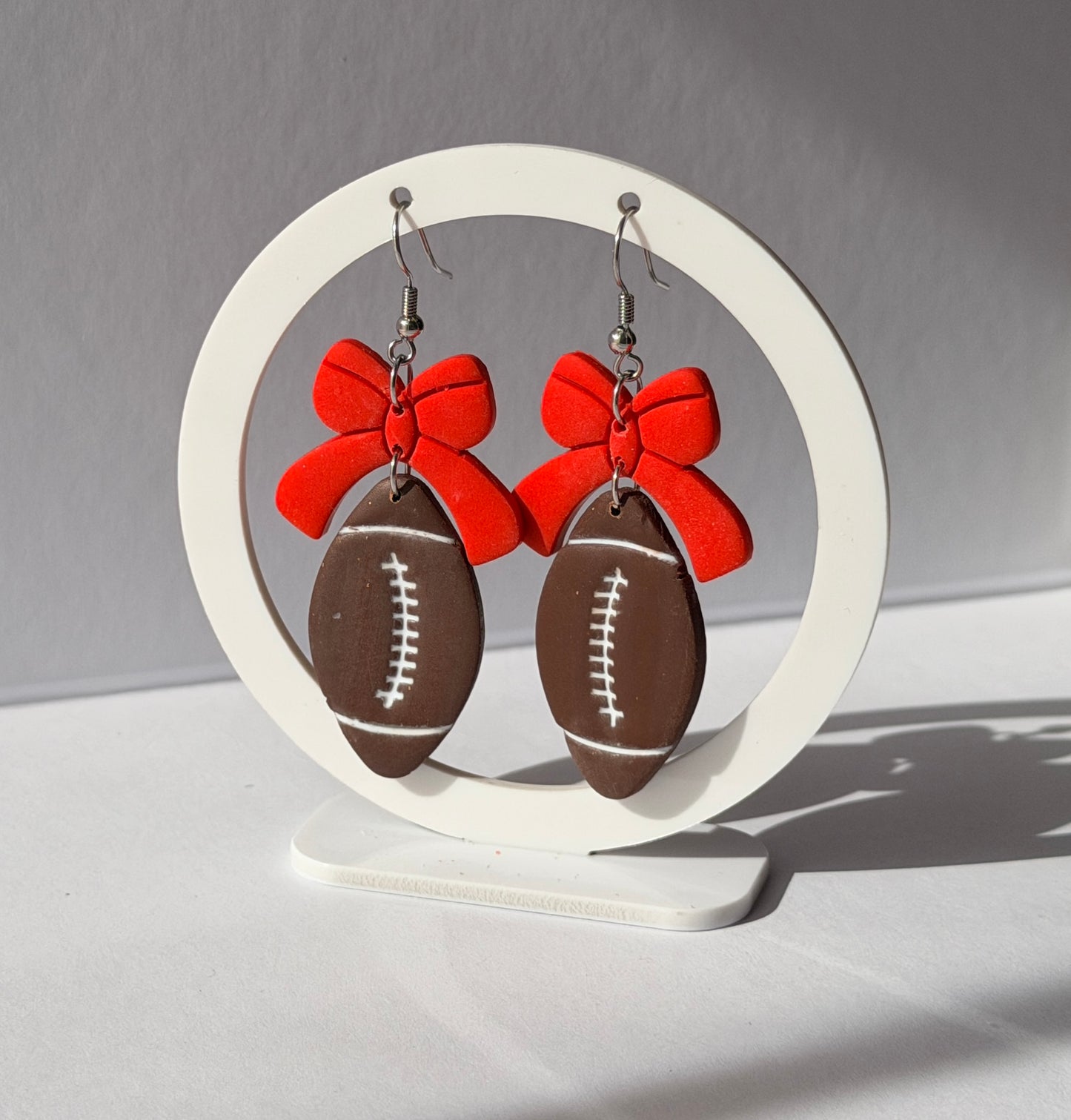 Football Bow Hoop Earrings, Team Colors, Polymer Clay Game Day Jewelry, Football Mom Gift