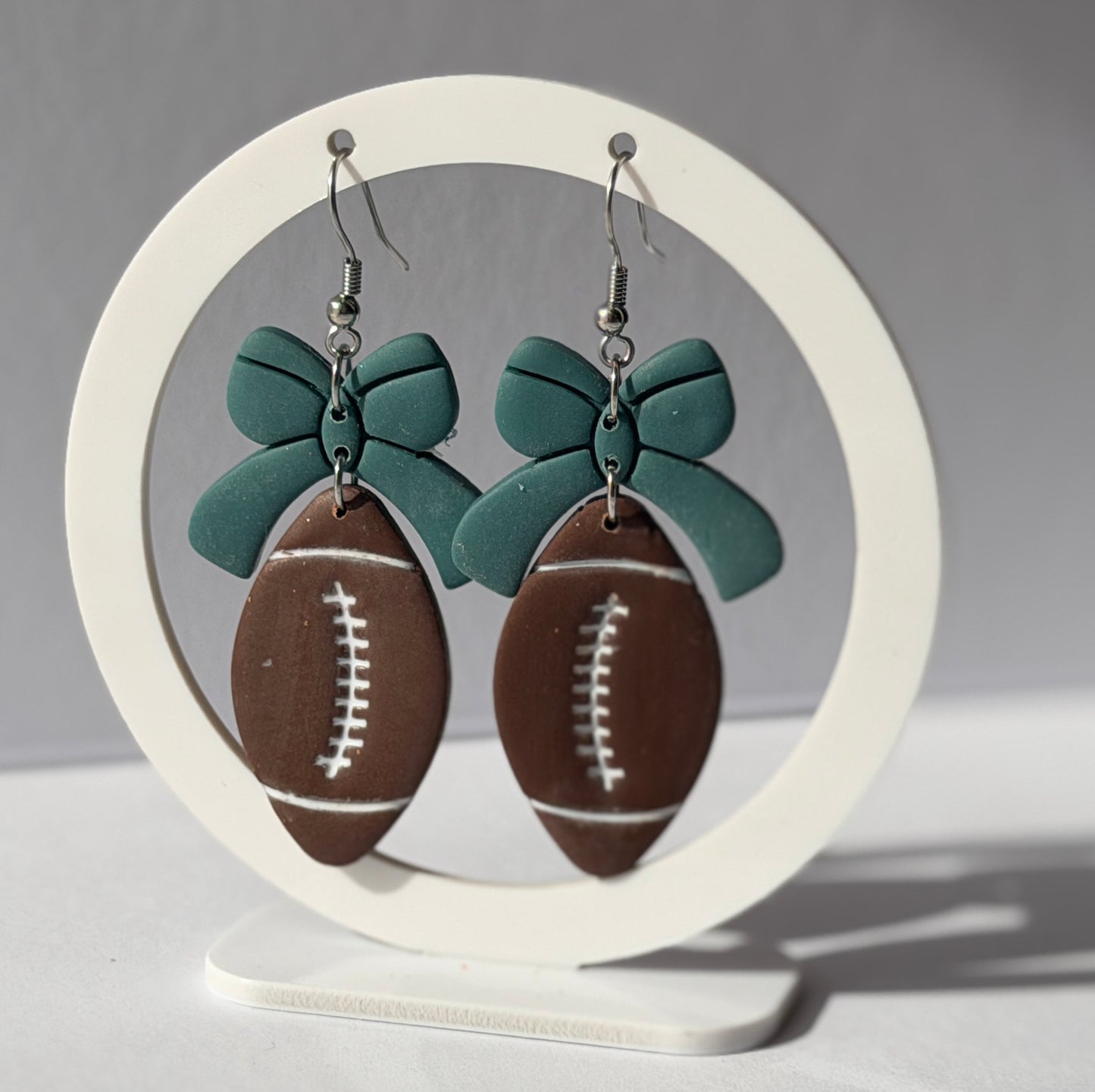 Football Bow Hoop Earrings, Team Colors, Polymer Clay Game Day Jewelry, Football Mom Gift