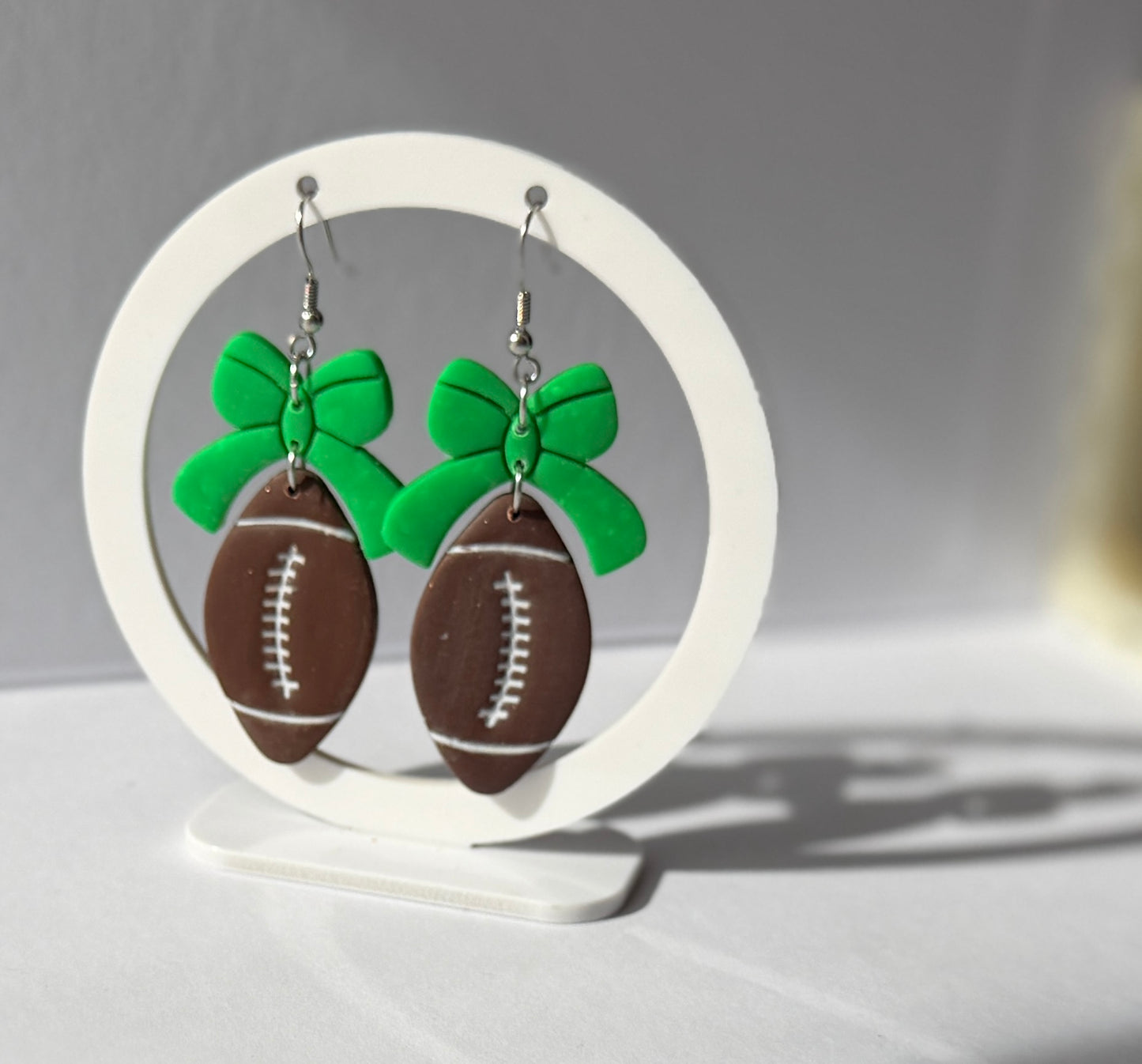 Football Bow Hoop Earrings, Team Colors, Polymer Clay Game Day Jewelry, Football Mom Gift
