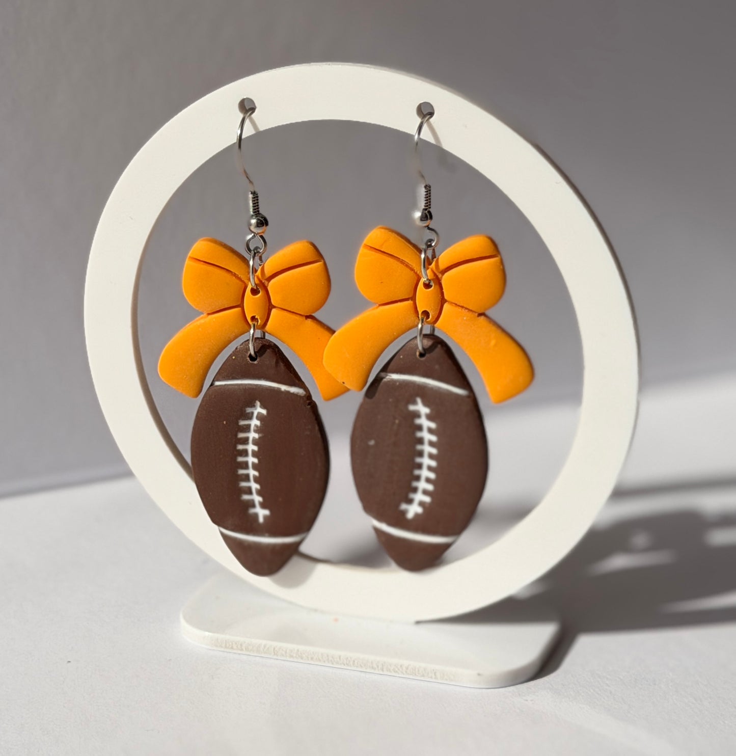 Football Bow Hoop Earrings, Team Colors, Polymer Clay Game Day Jewelry, Football Mom Gift