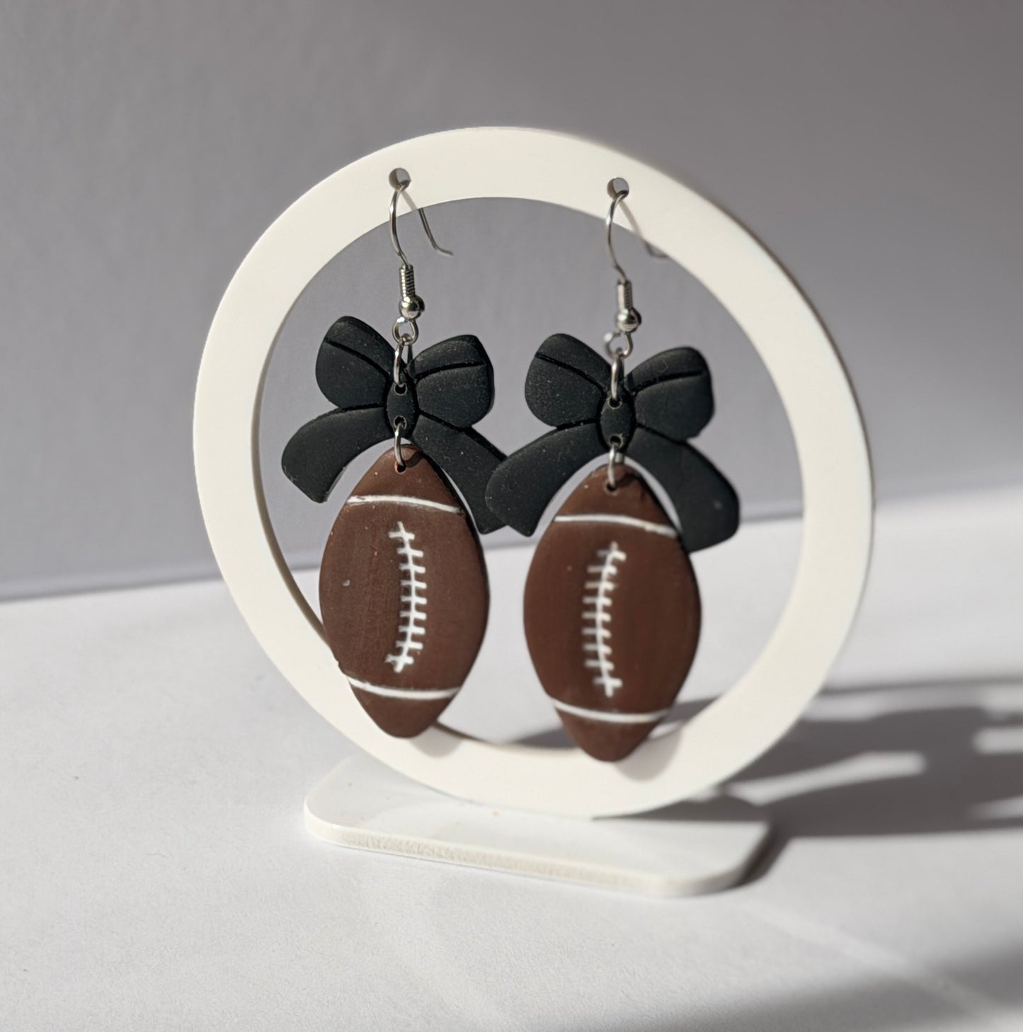 Football Bow Hoop Earrings, Team Colors, Polymer Clay Game Day Jewelry, Football Mom Gift