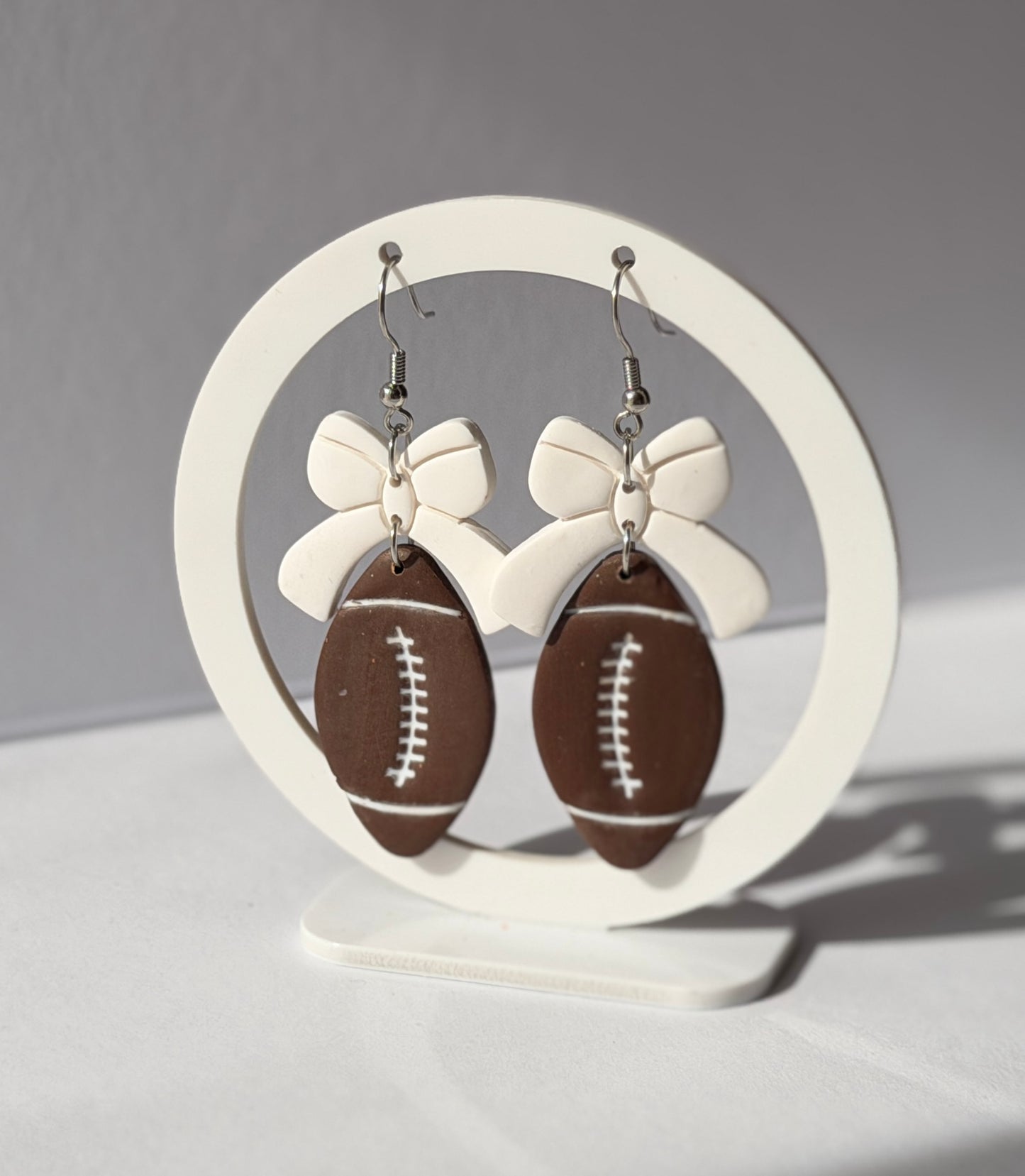 Football Bow Hoop Earrings, Team Colors, Polymer Clay Game Day Jewelry, Football Mom Gift