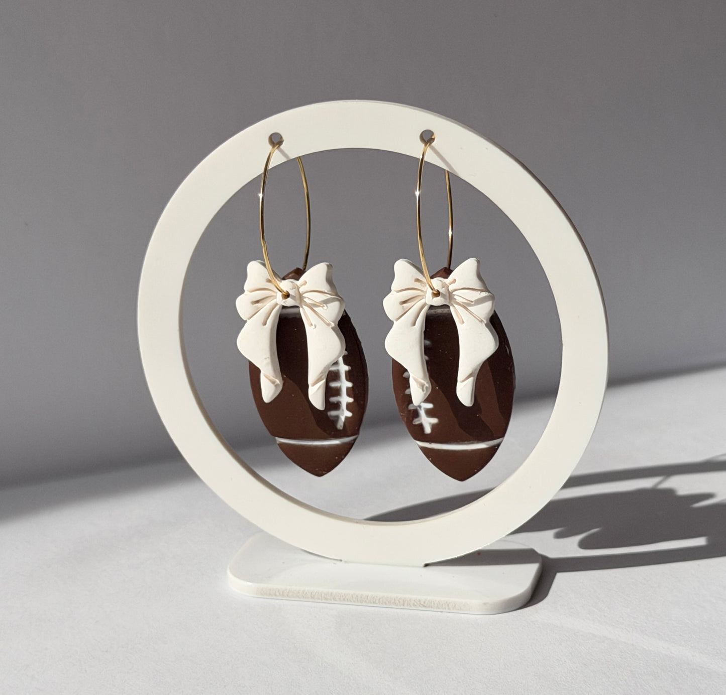 Football Bow Hoop Earrings, Team Colors, Polymer Clay Game Day Jewelry, Football Mom Gift