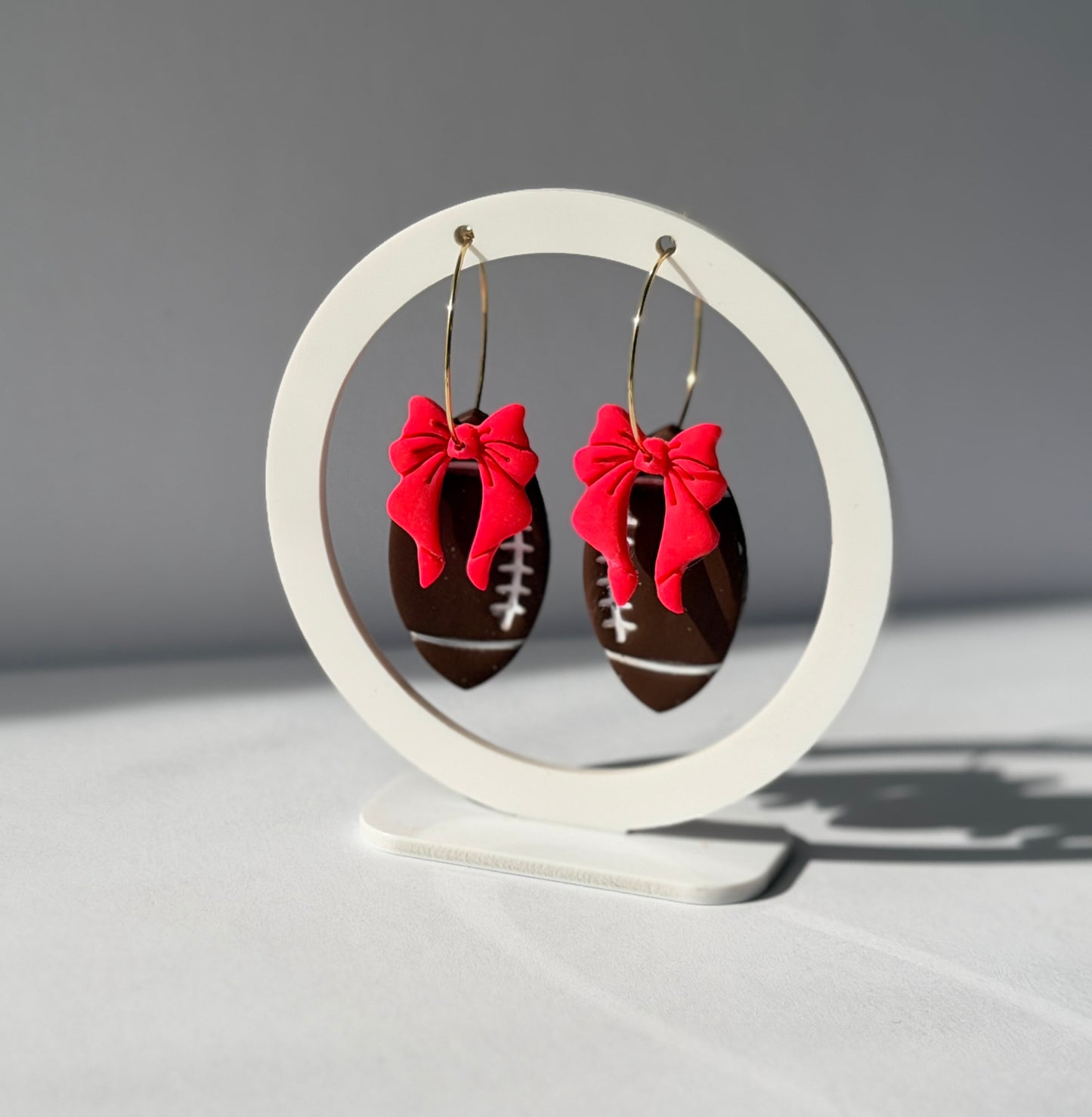 Football Bow Hoop Earrings, Team Colors, Polymer Clay Game Day Jewelry, Football Mom Gift