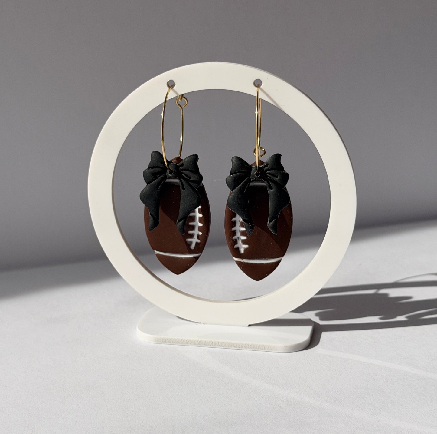 Football Bow Hoop Earrings, Team Colors, Polymer Clay Game Day Jewelry, Football Mom Gift