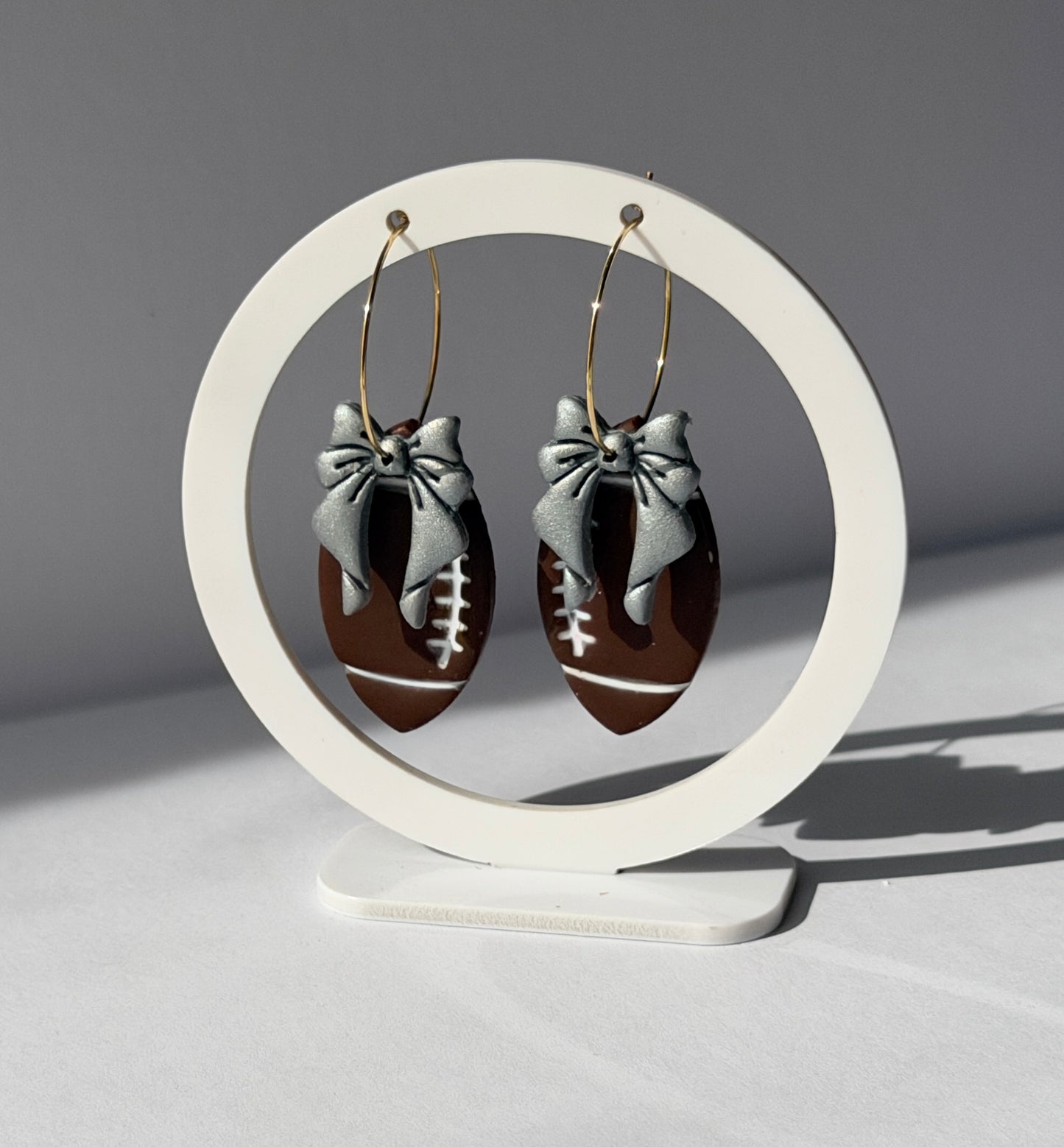 Football Bow Hoop Earrings, Team Colors, Polymer Clay Game Day Jewelry, Football Mom Gift