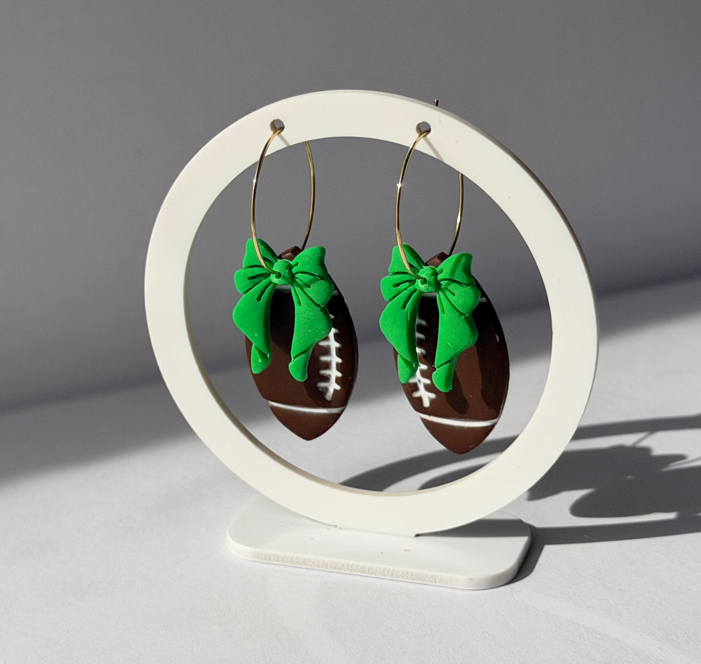 Football Bow Hoop Earrings, Team Colors, Polymer Clay Game Day Jewelry, Football Mom Gift