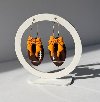 Football Bow Hoop Earrings, Team Colors, Polymer Clay Game Day Jewelry, Football Mom Gift