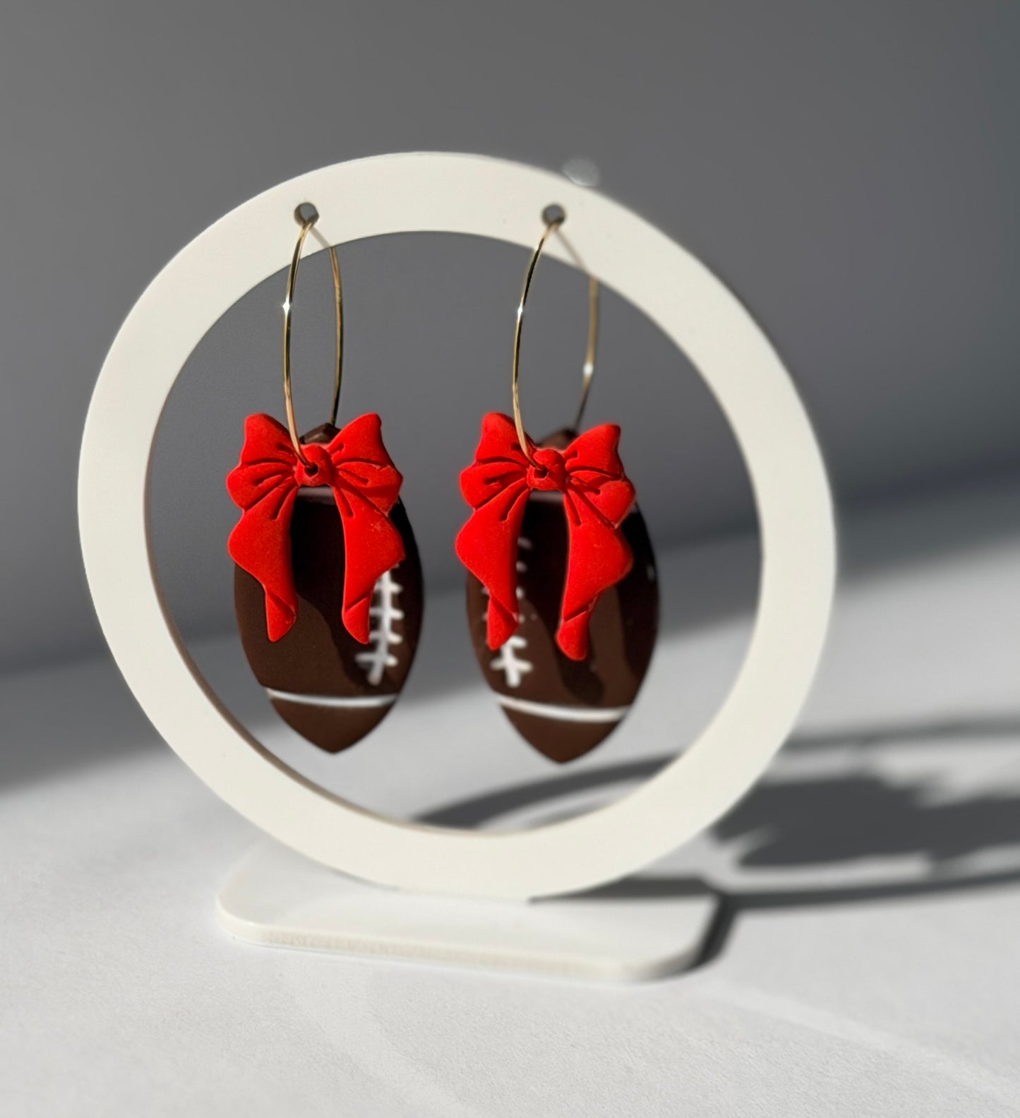 Football Bow Hoop Earrings, Team Colors, Polymer Clay Game Day Jewelry, Football Mom Gift