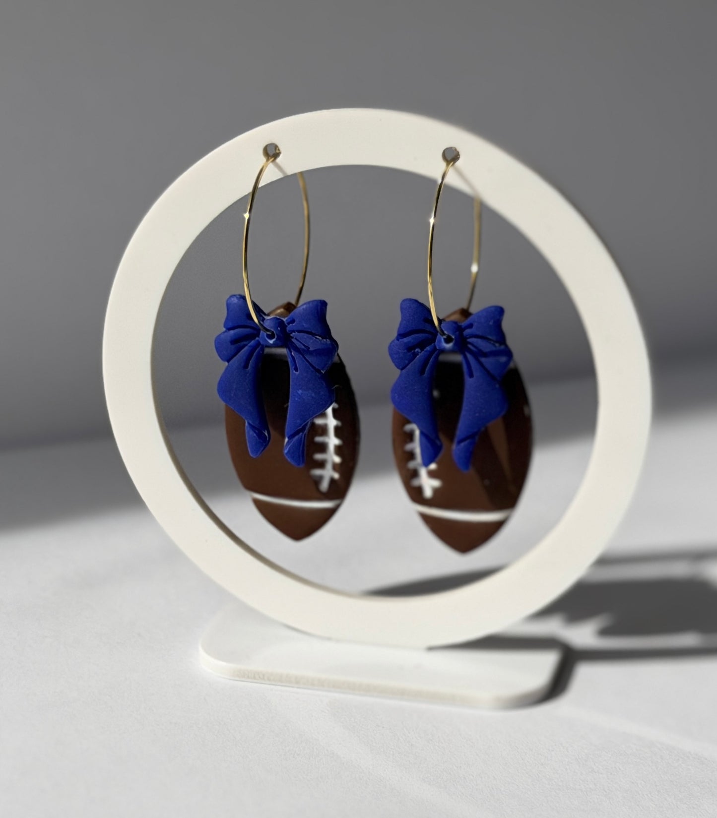 Football Bow Hoop Earrings, Team Colors, Polymer Clay Game Day Jewelry, Football Mom Gift