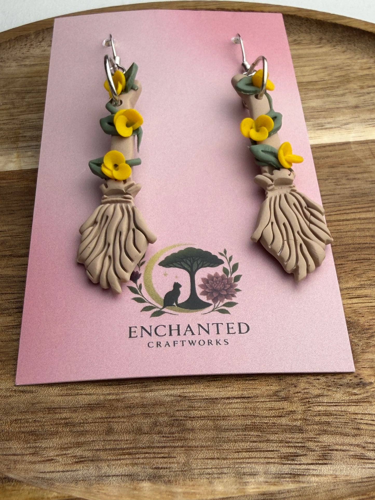 Enchanted Floral Broom Earrings – Whimsical Polymer Clay Jewelry