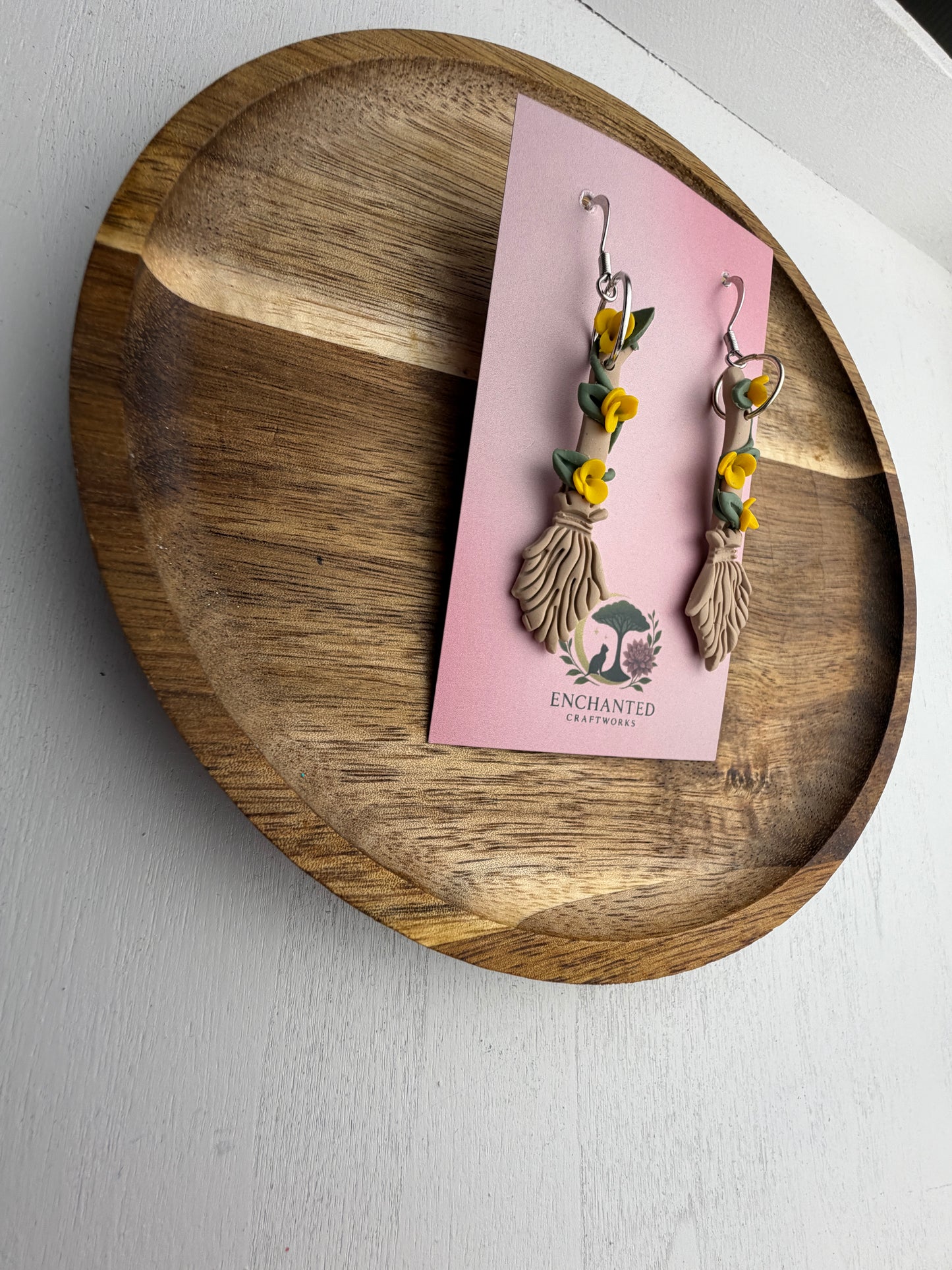 Enchanted Floral Broom Earrings – Whimsical Polymer Clay Jewelry