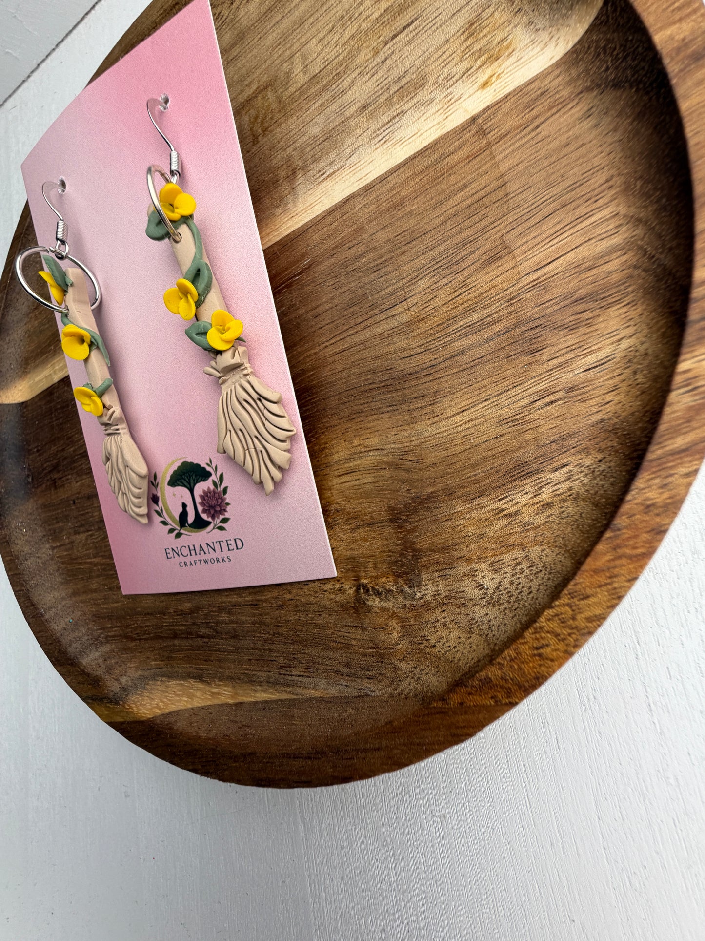 Enchanted Floral Broom Earrings – Whimsical Polymer Clay Jewelry
