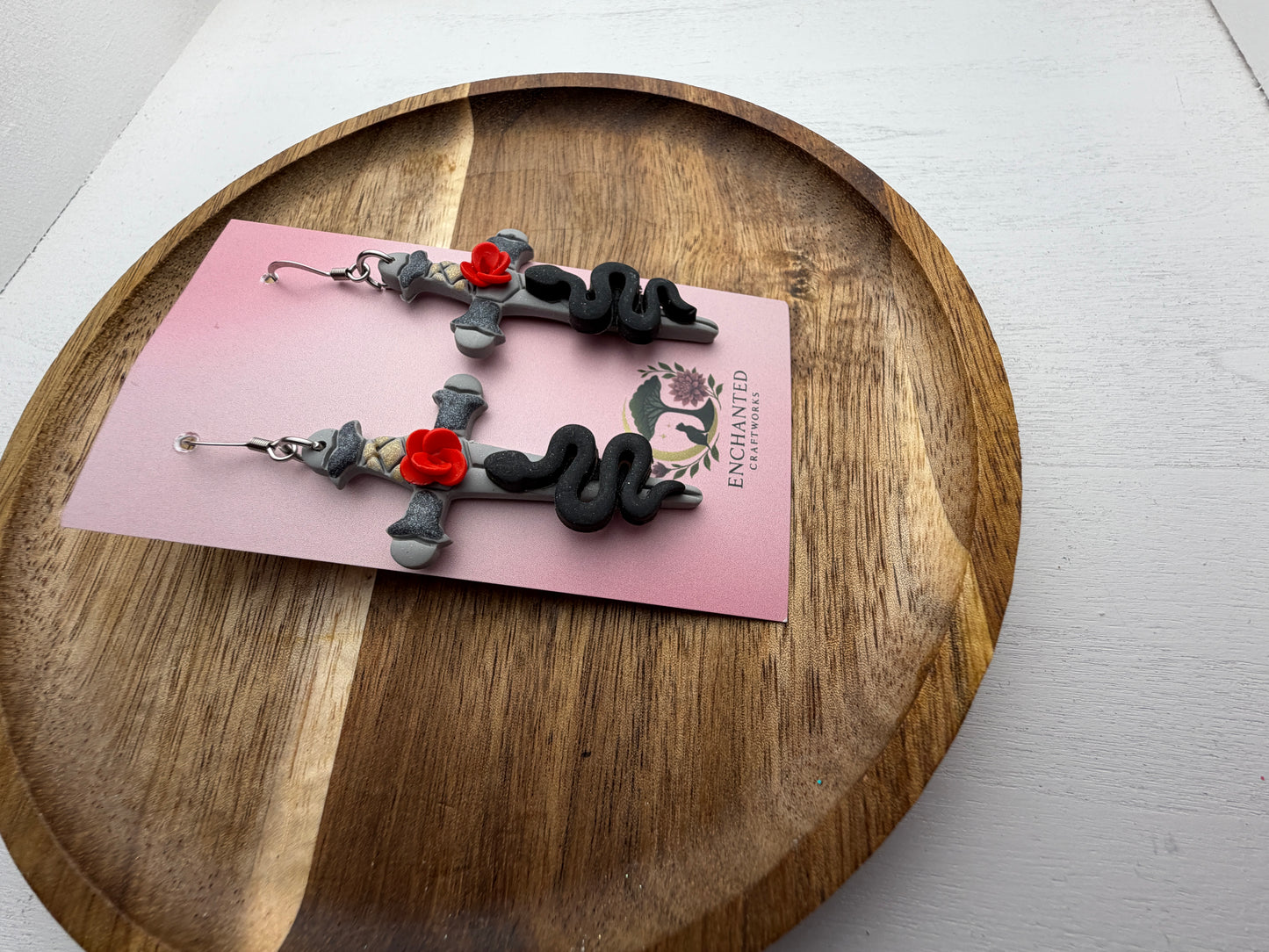 Sword & Serpent Rose Earrings – Dark Fantasy Polymer Clay Jewelry