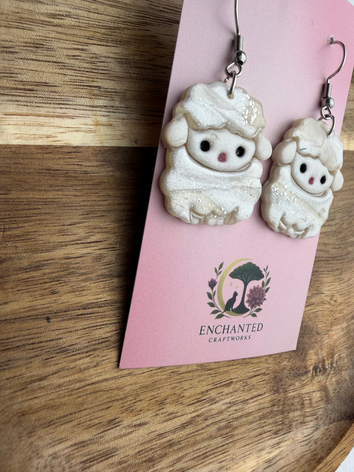 Little Lamb Sheep Polymer Clay Stud Dangle Earrings