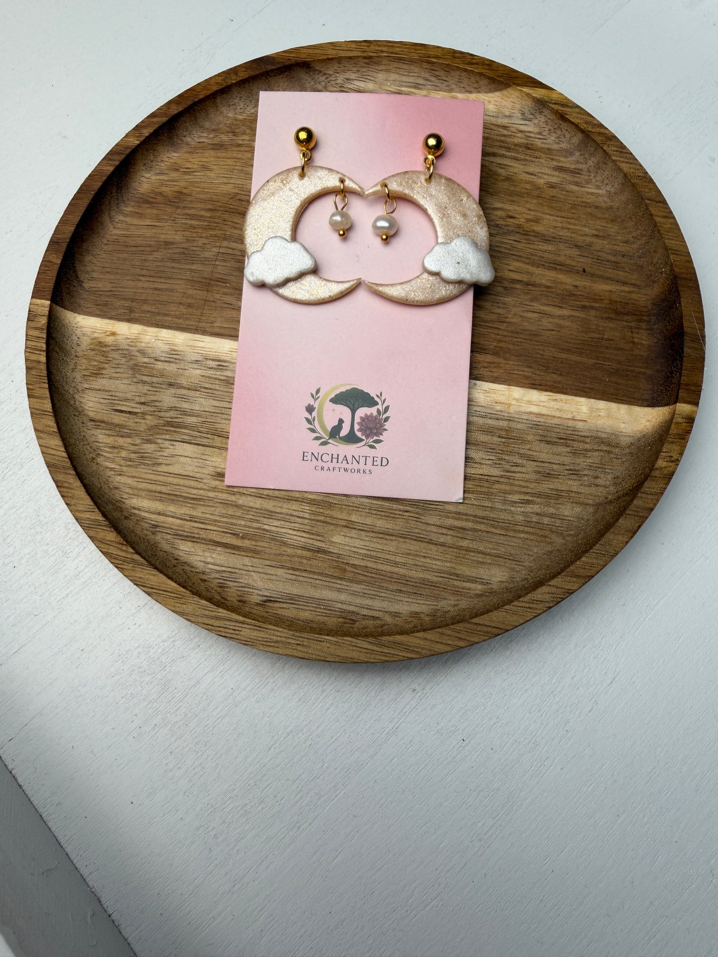 Clouded Moon Dangle Earrings – Handmade Celestial Polymer Clay Art