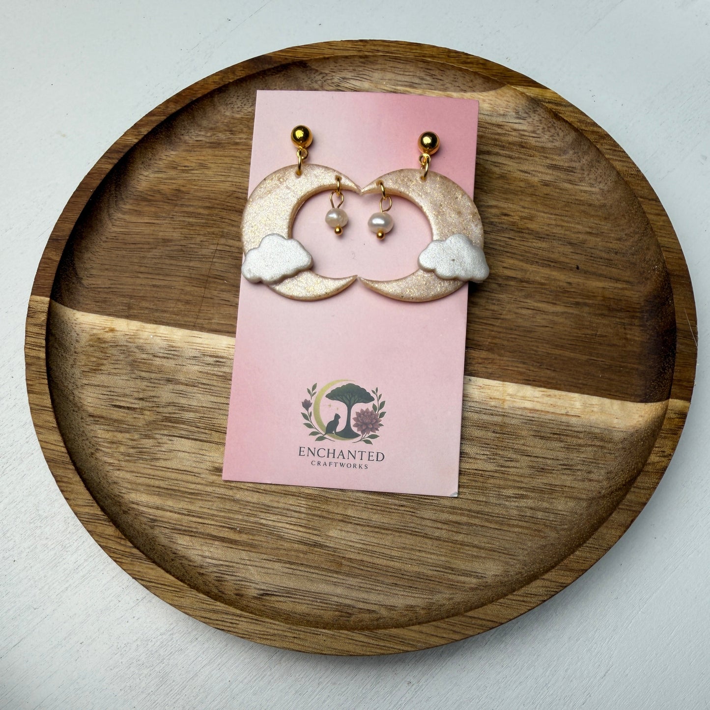 Clouded Moon Dangle Earrings – Handmade Celestial Polymer Clay Art